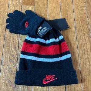 New NWT Nike Knit Beanie Hat & Gloves Set Black Red White Youth OSFM